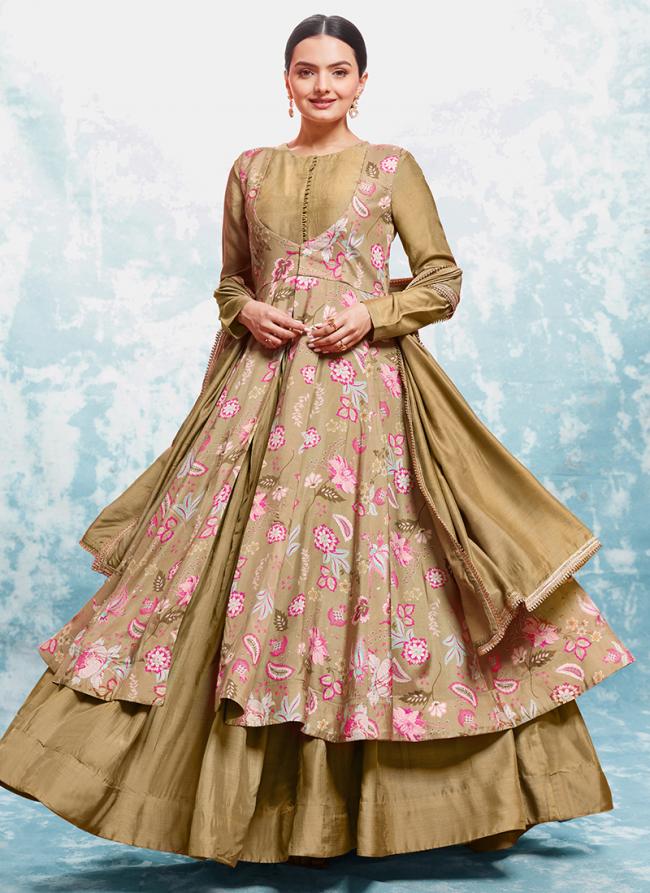 Muslin Khaki Party Wear Printed Readymade Gown